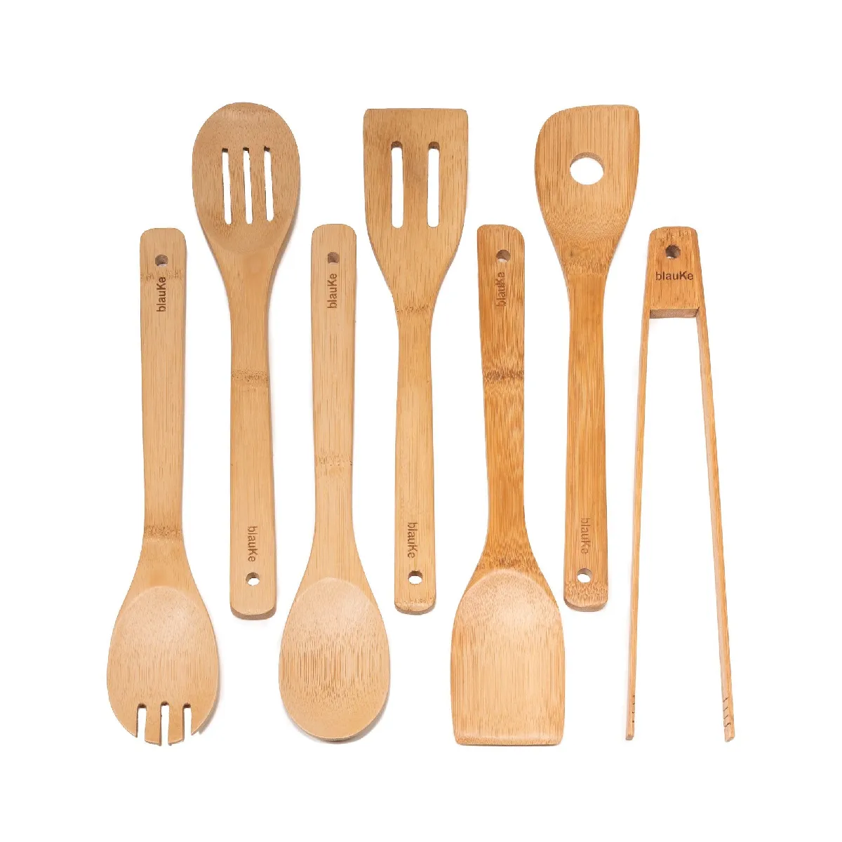 Ustensiles de Cuisine en Bois de Bambou – Set de 7 Accessoires Anti-Rayures – BlauKe®