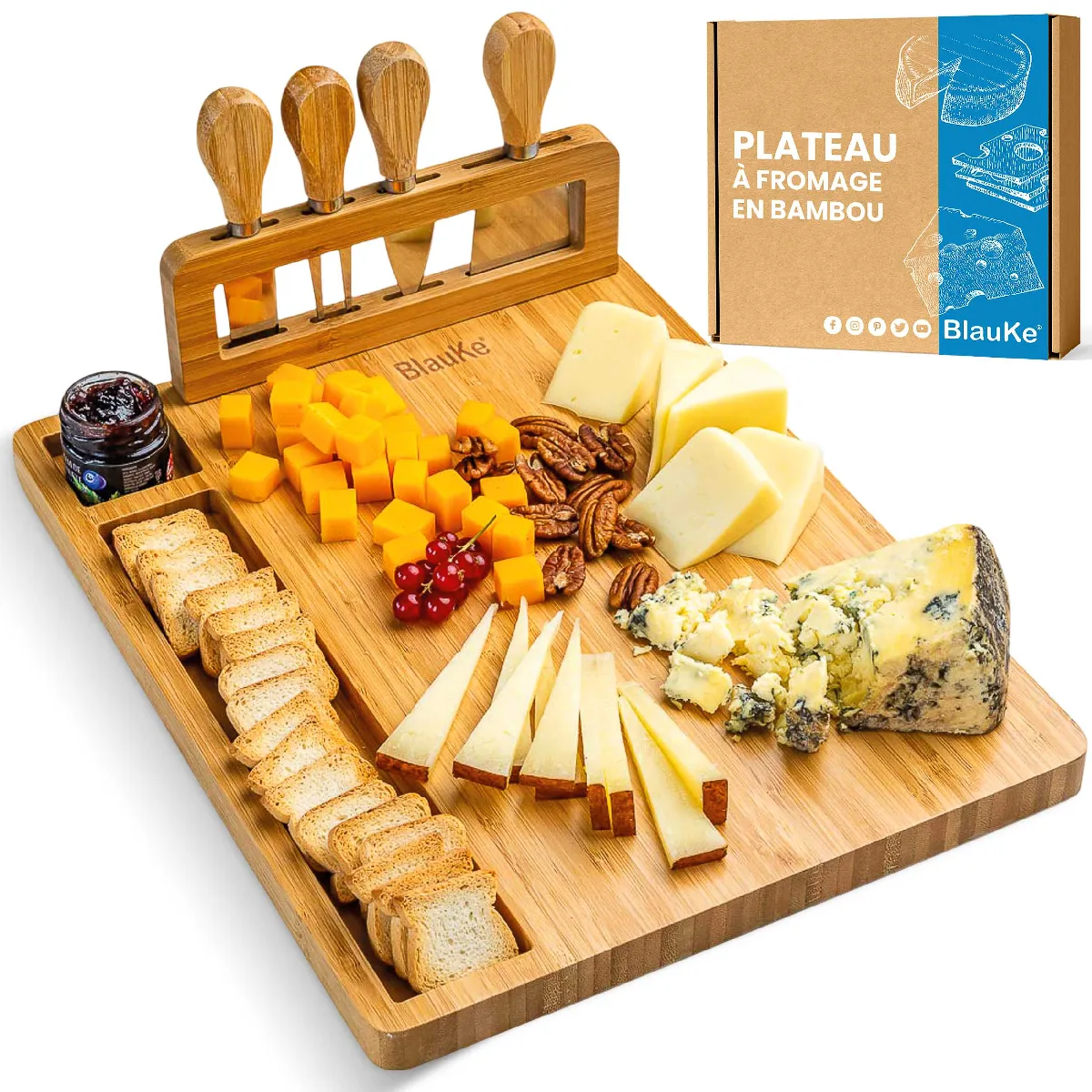 Blauke Plateau À Fromages En Bois Avec Couteaux – Planche En Bambou Pour Apéritif Et Charcuterie