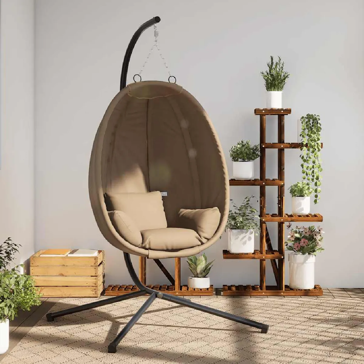 vidaXL Chaise suspendue en forme d'œuf et support rotin et acier - vue 5