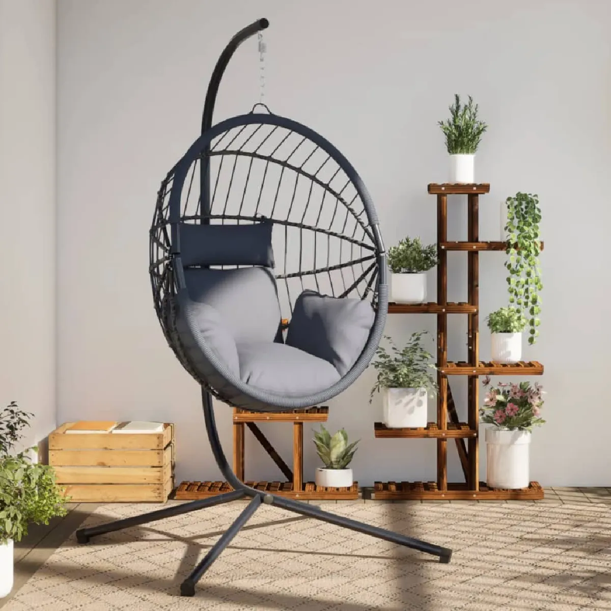 vidaXL Chaise suspendue en forme d'œuf et support rotin et acier - vue 2