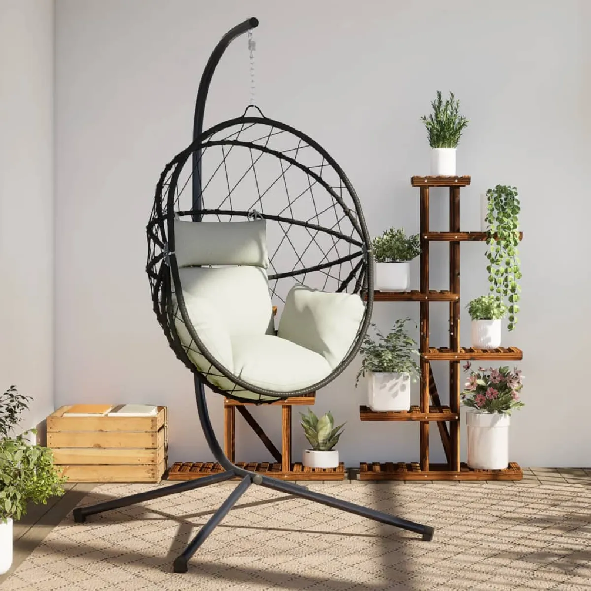 vidaXL Chaise suspendue en forme d'œuf et support rotin et acier - vue 3