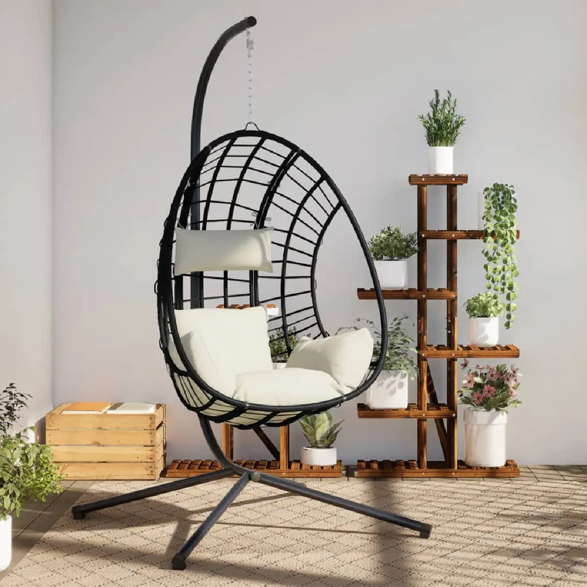 vidaXL Chaise suspendue en forme d'œuf et support rotin et acier - vue 4