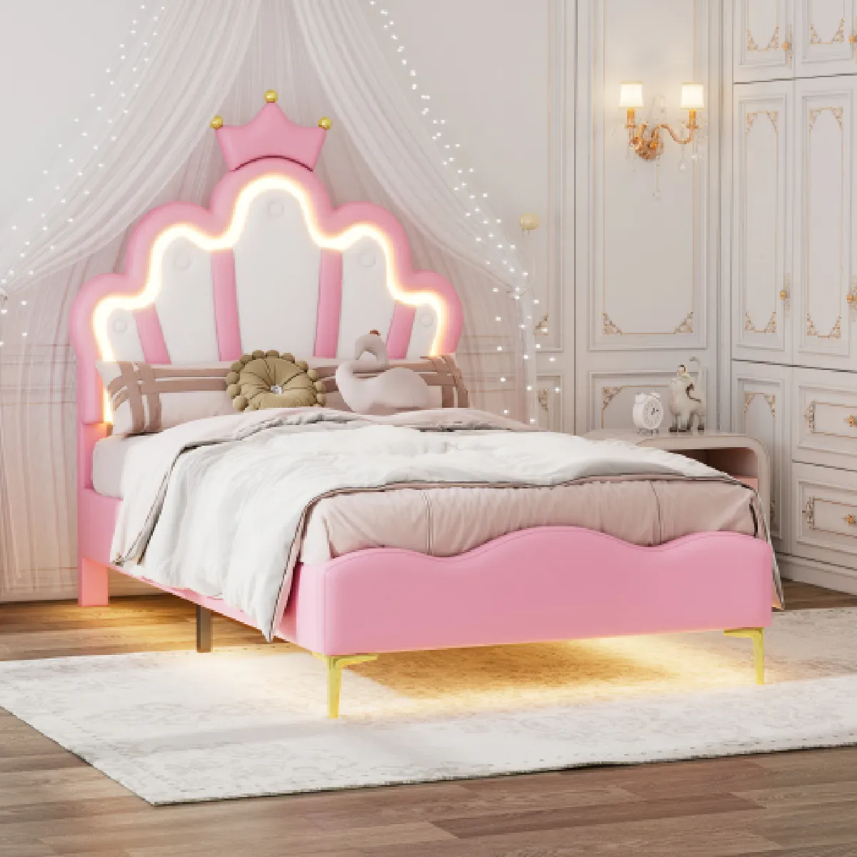 Lit Simple Rembourré Lit Princesse Avec LED Réglable Lit Enfant 90 X 200 Cm - vue 2