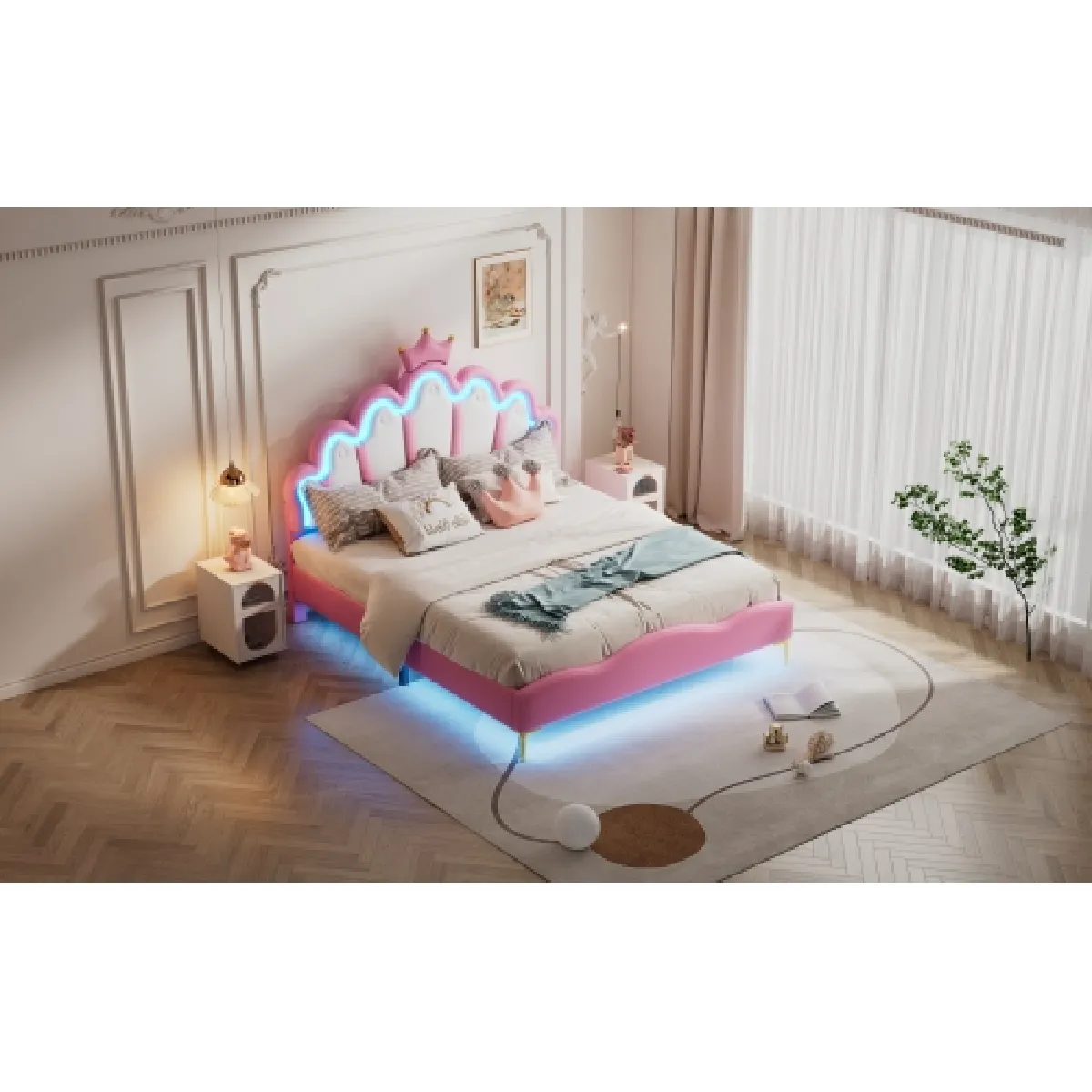 Lit Double Rembourré Lit Princesse Avec LED Réglable Lit Enfant 140 X 200 Cm