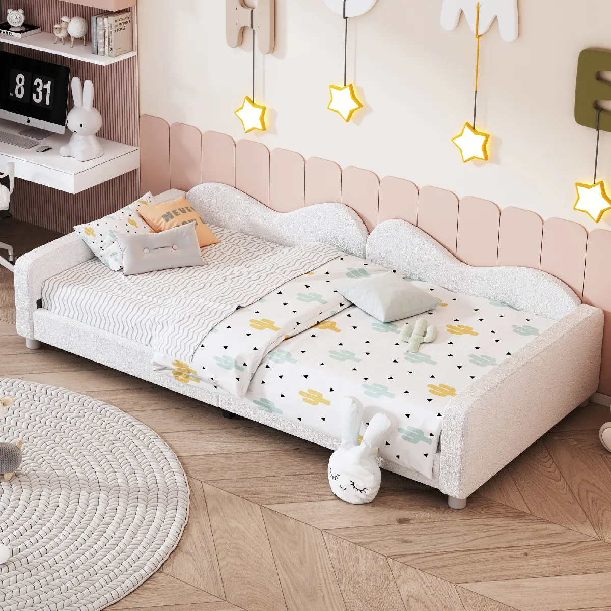Lit Enfant 90x200 Cm Convertible Tissu Teddy Dossier Accoudoirs Multifonction
