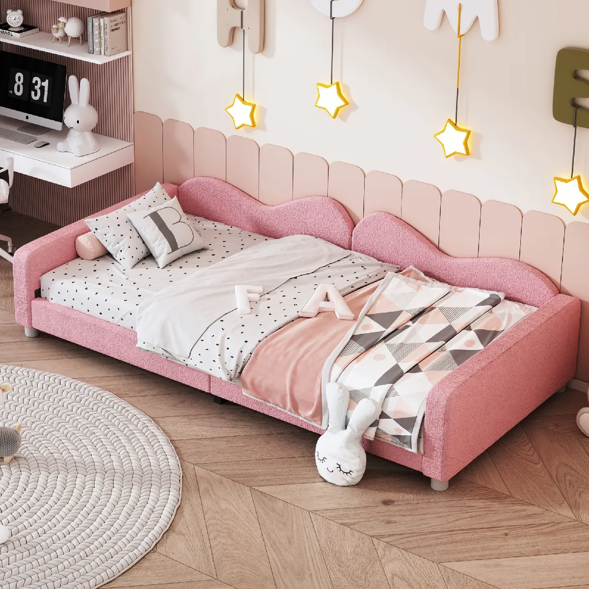 Lit Enfant 90x200 Cm Convertible Tissu Teddy Dossier Accoudoirs Multifonction - vue 2