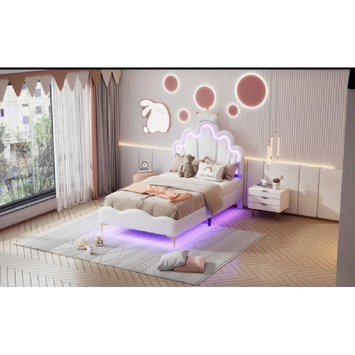 Lit Simple Rembourré Lit Princesse Avec LED Réglable Lit Enfant 90 X 200 Cm