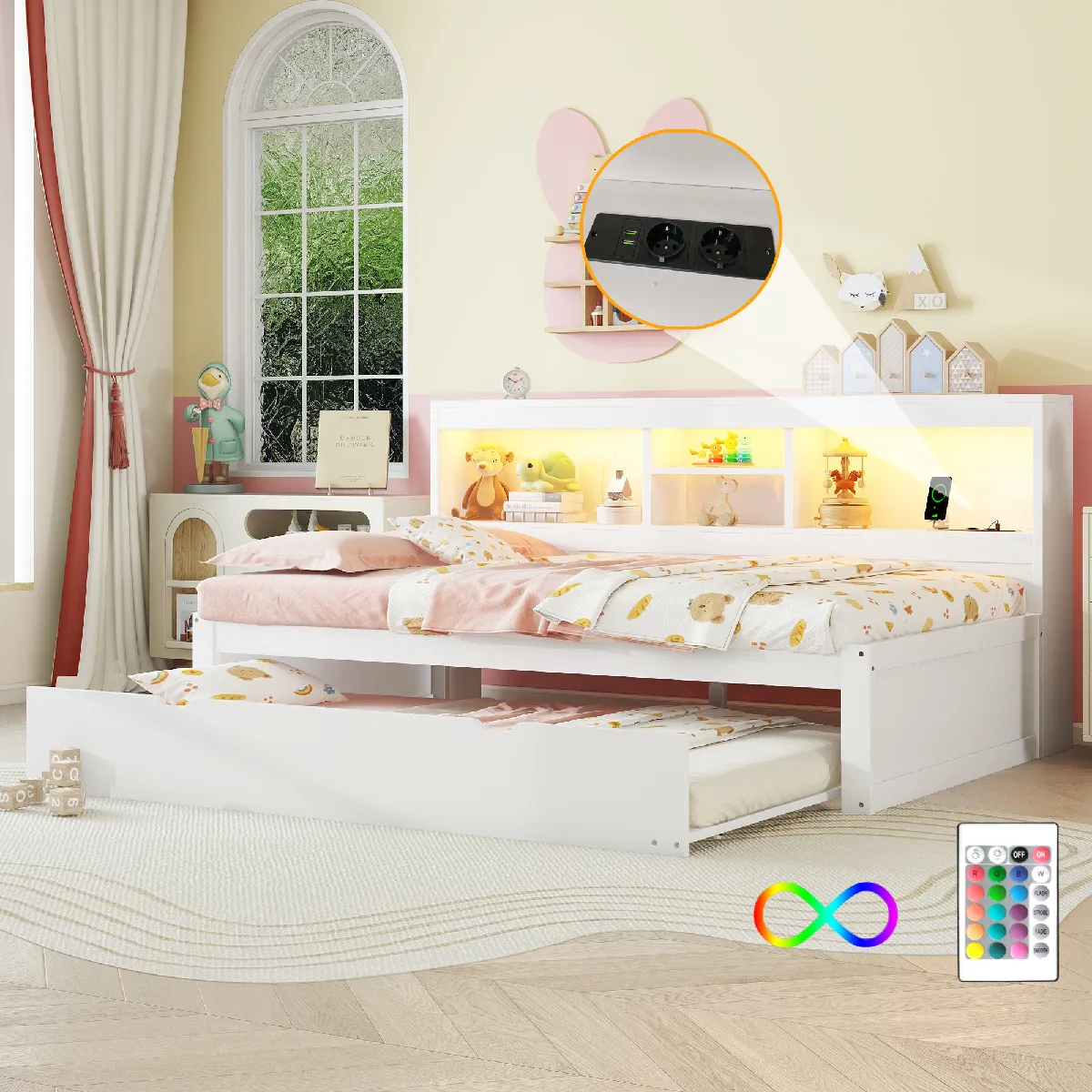 Lit Gigogne 90x200cm Avec LED rangement De Chevet prise USB En Bois lit Enfant