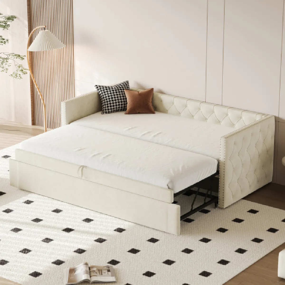 Lit gigogne 90180x200 cm avec sommier à lattes et capitonnage en tissu - vue 2