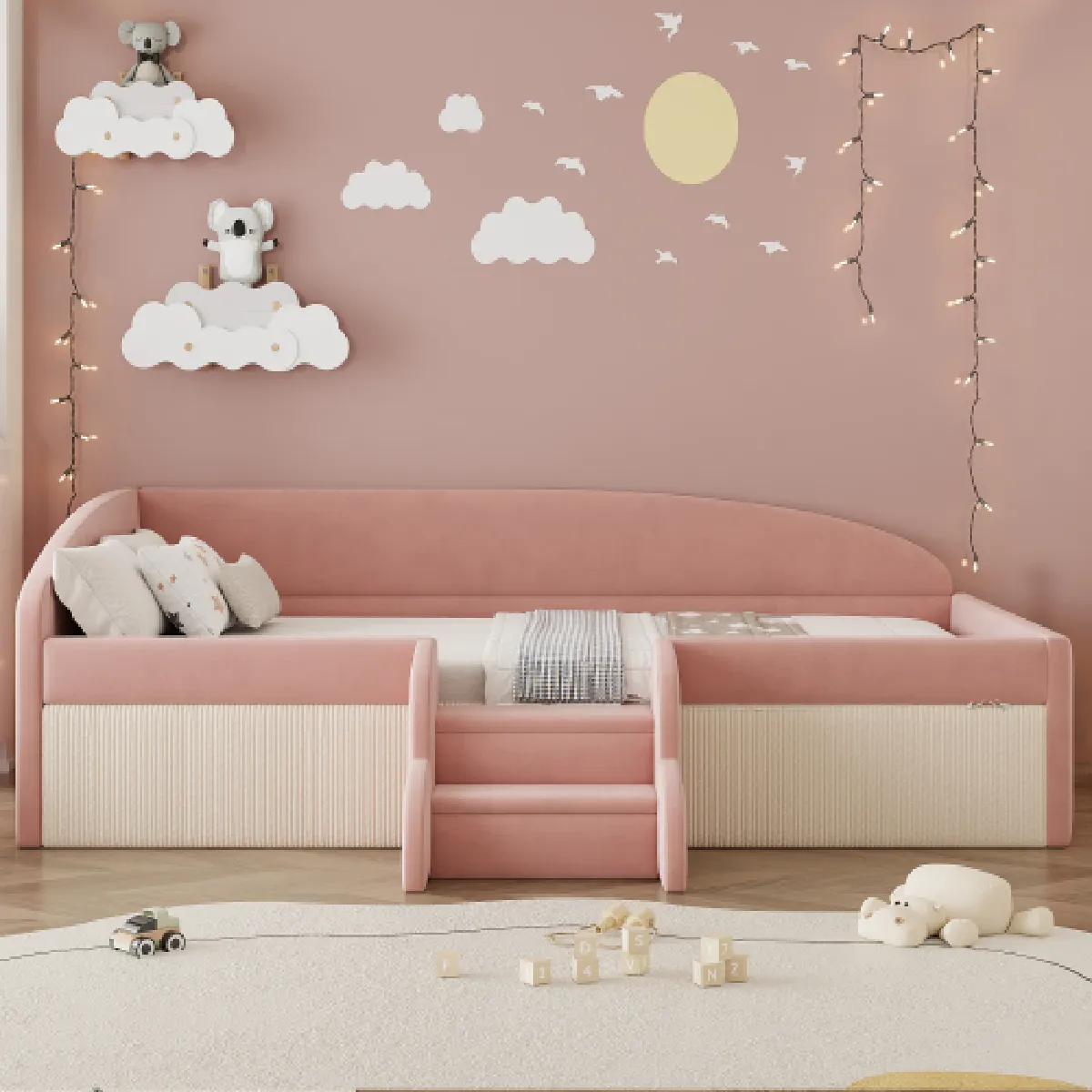 Lit enfant 90x190 cm, avec barrières et marches antidérapantes, en tissu, rose et blanc