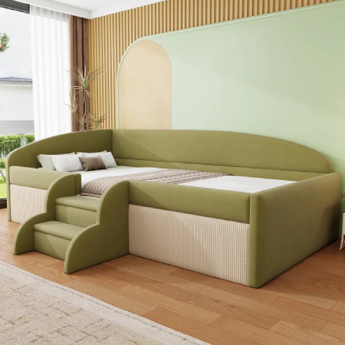 Lit enfant 90x190 cm, avec barrières et marches, en tissu, vert et ivoire