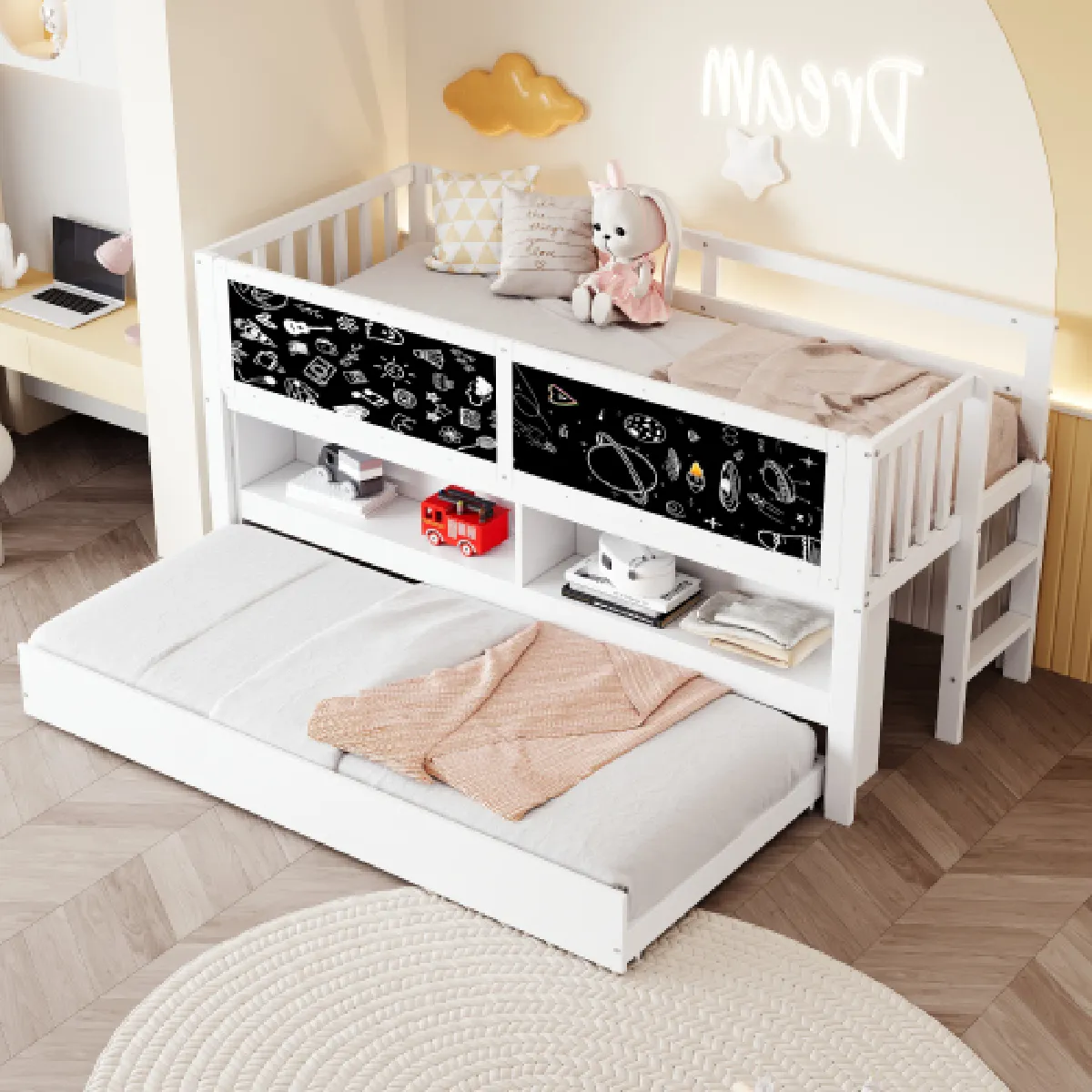 Lit enfant 90x200 cm, avec étagères et tableau, en bois, blanc
