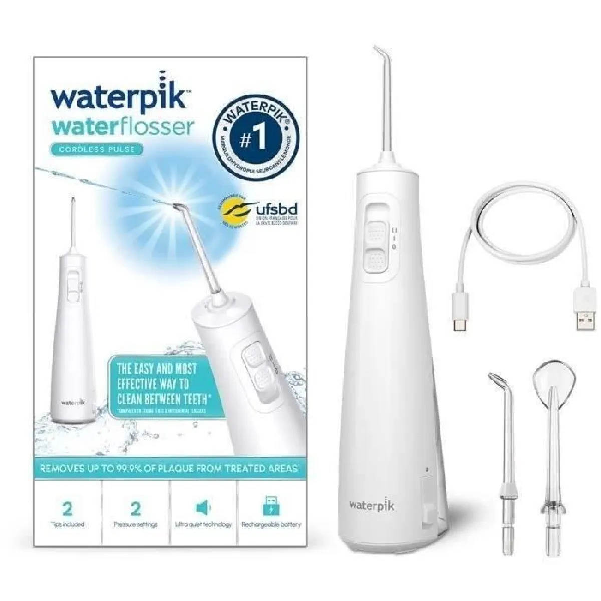 Waterpik WF-20 Pulse. Hydropulseur Sans Fil. Recommand? par l'UFSBD. Jet dentaire Rechargeable. Elimine la Plaque. Blanc