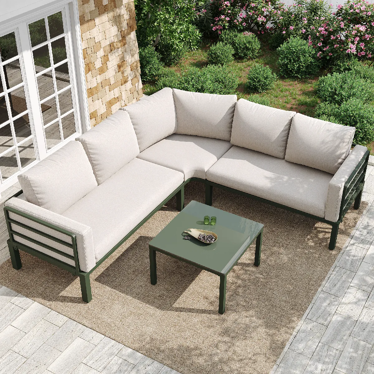 Set Jardin 4 5 Places Cadre Fer Table Verre Trempé + Coussins Réglables