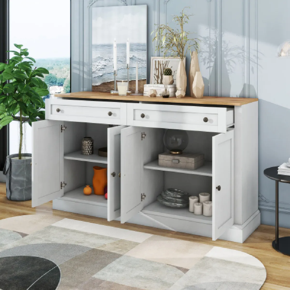 Grand Buffet 4 Portes Et 2 Tiroirs- Rangement Modulable-blanc Antique + Bois Naturel
