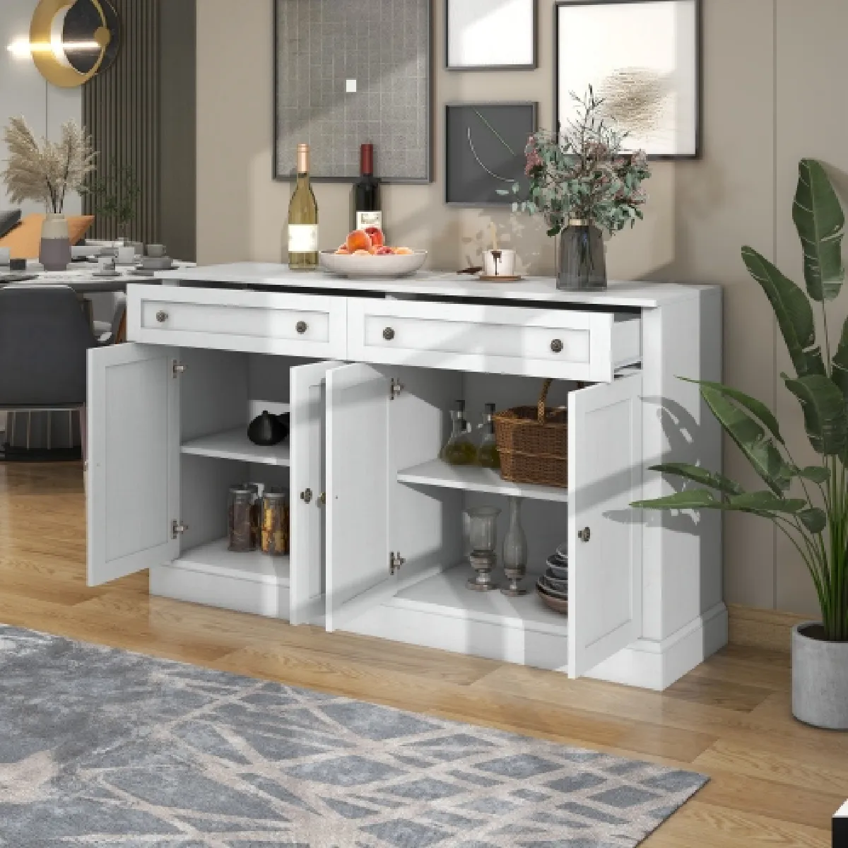 Grand Buffet 4 Portes Et 2 Tiroirs- Rétro- Rangement Modulable-blanc Antique