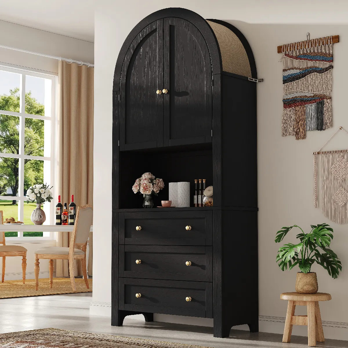Buffet Multifonctionnelle- Armoire De Rangement Haute En Arc -rétro-étagères Ouvertes-noir