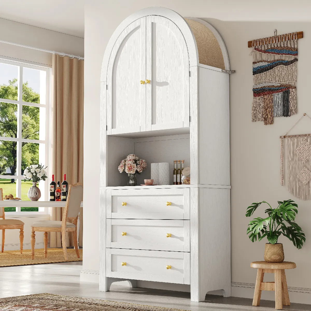 Buffet-Armoire De Rangement Haute En Arc -rétro-étagères Ouvertes-blanc