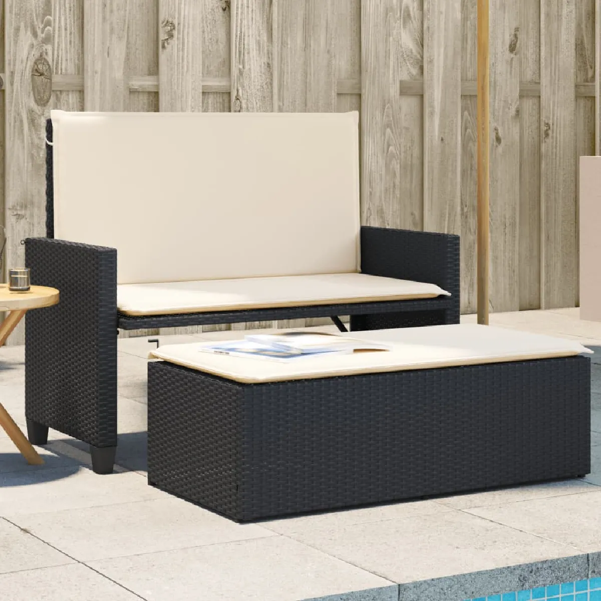 vidaXL Banc de jardin avec coussins et repose pied résine tressée banc d'extérieur banc de patio siège de jardin 368409