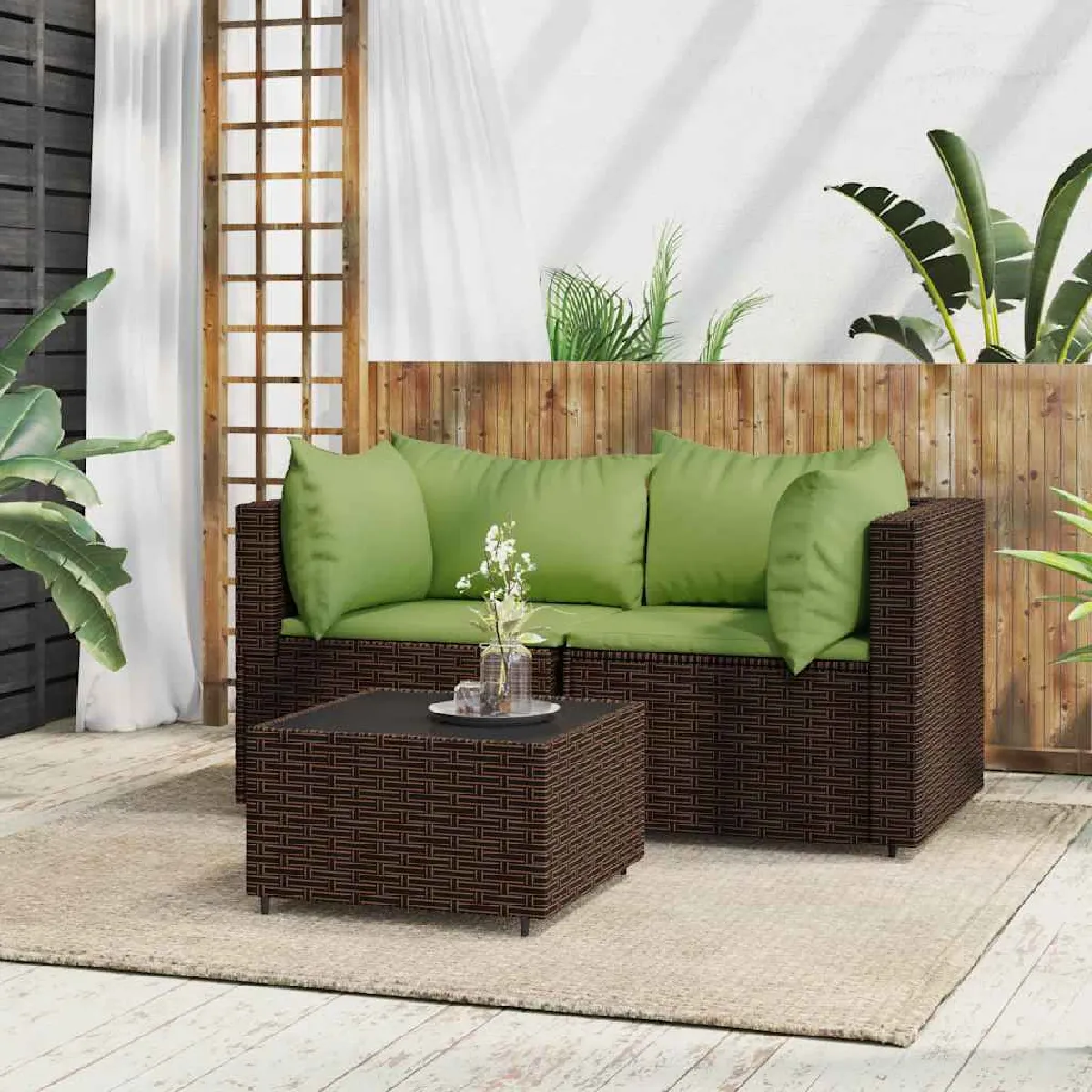 vidaXL Salon de jardin 3 pcs avec coussins marron résine tressée