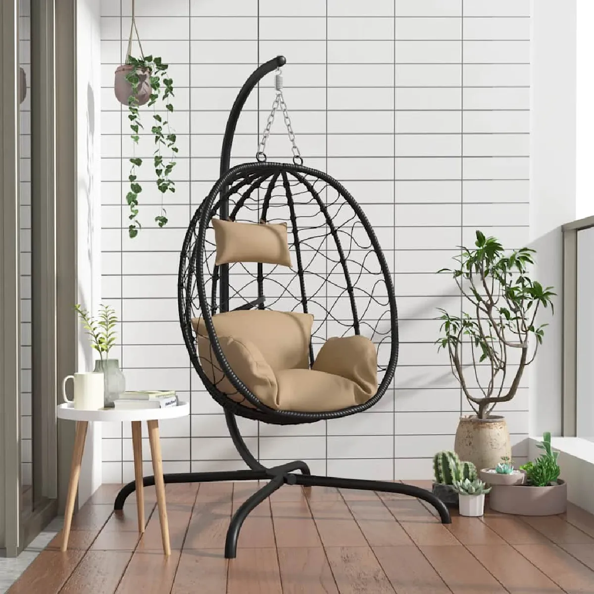 Chaise suspendue en forme d'œuf VIDAXL Jardin Résine tressée Acier revêtu de Coussin - vue 4