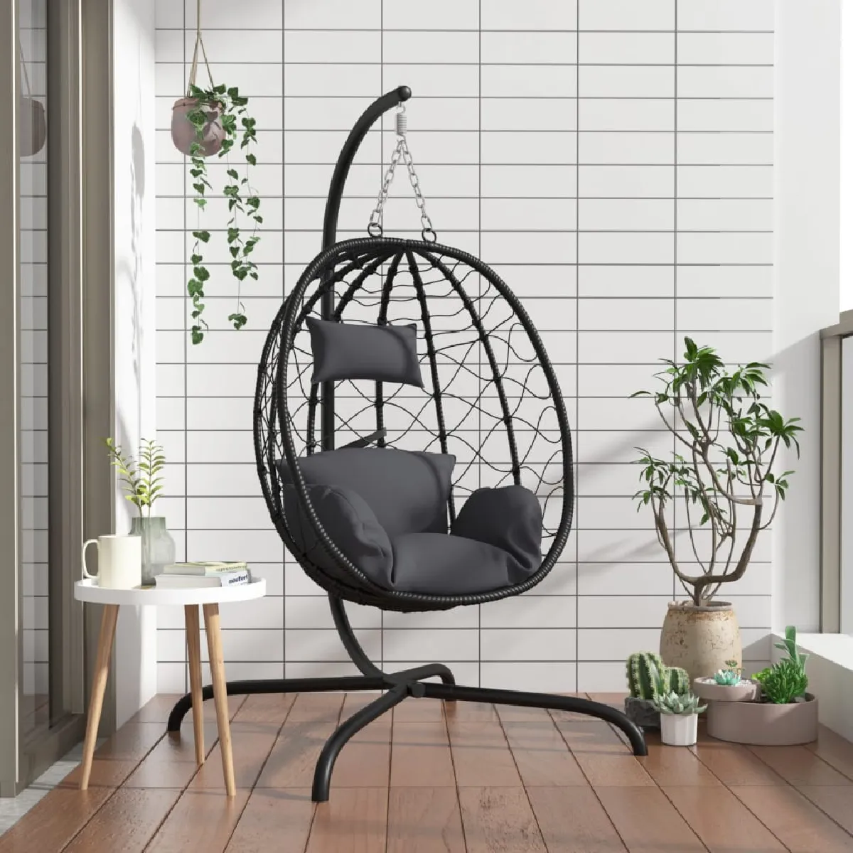 Chaise suspendue en forme d'œuf VIDAXL Jardin Résine tressée Acier revêtu de Coussin - vue 3