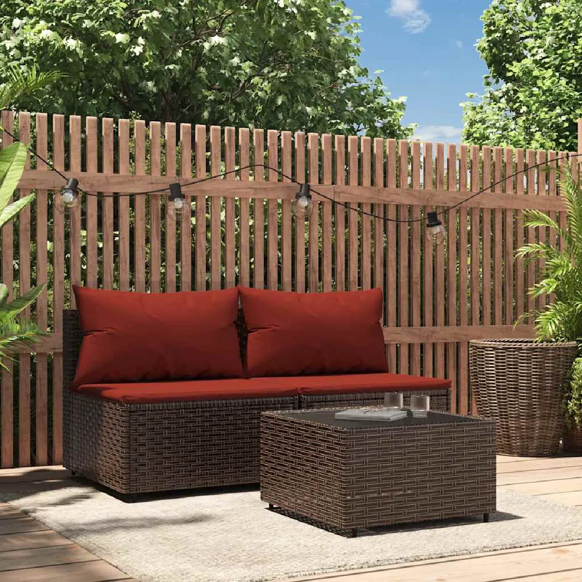 vidaXL Salon de jardin 3 pcs avec coussins marron résine tressée