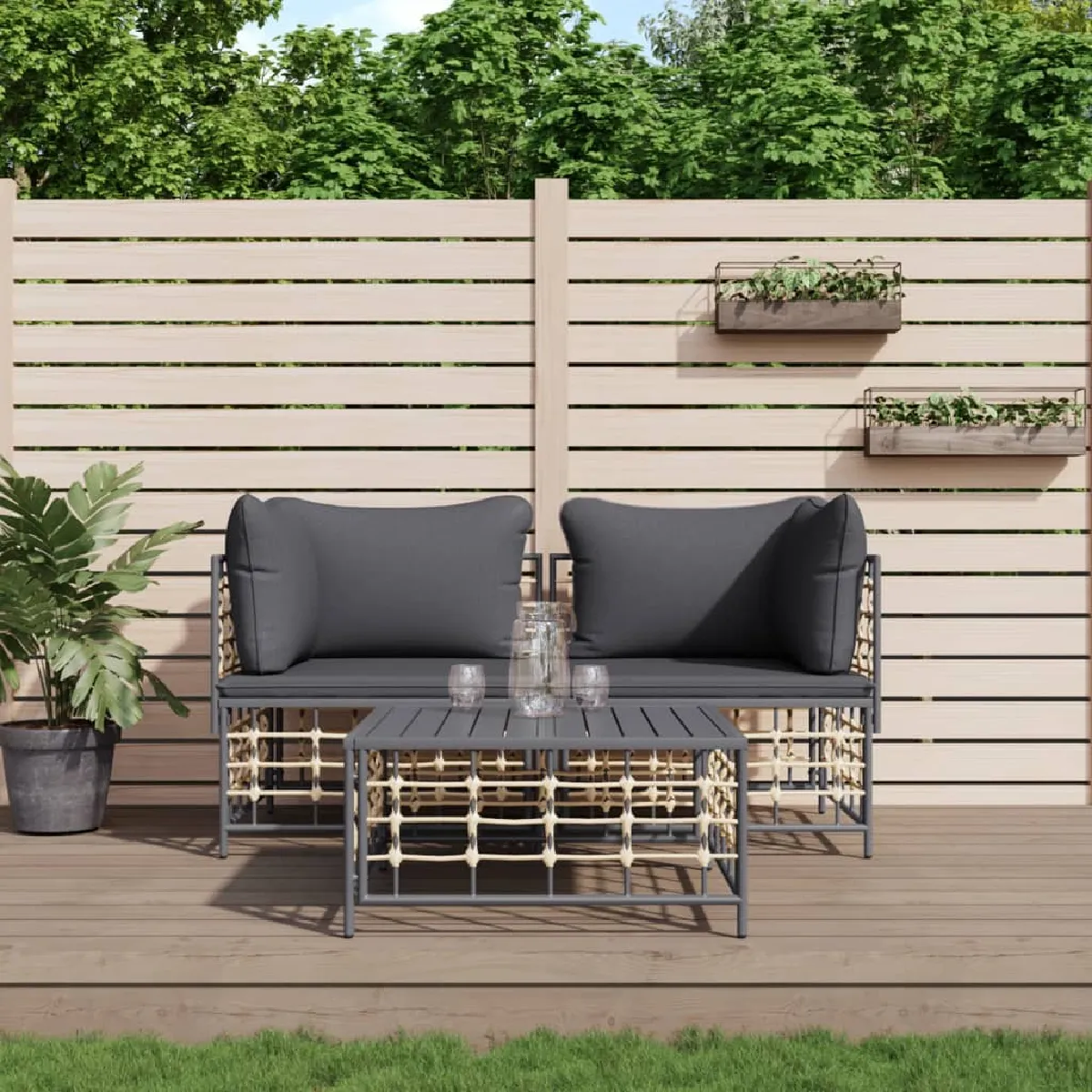 vidaXL Salon de jardin 3 pcs avec coussins anthracite résine tressée