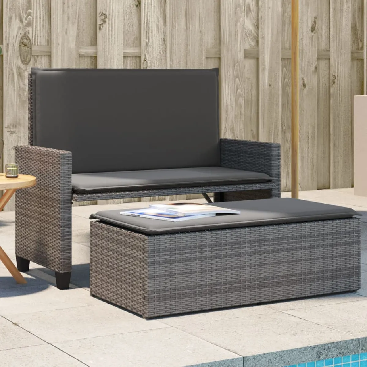 vidaXL Banc de jardin avec coussins et repose pied résine tressée banc d'extérieur banc de patio siège de jardin 368409 - vue 2