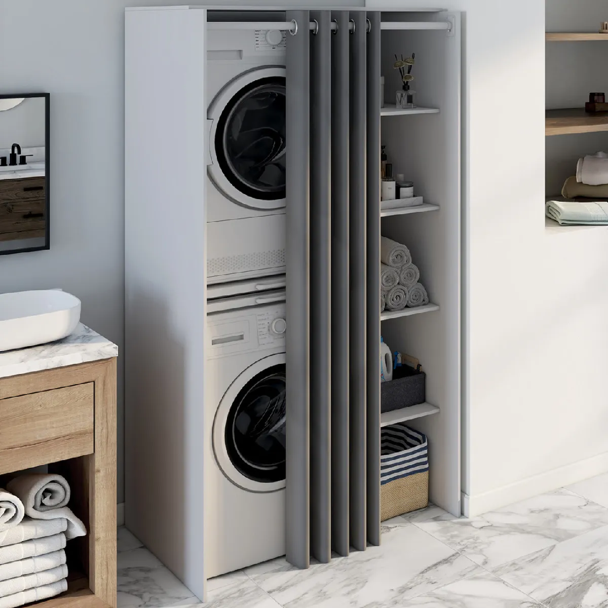 Idmarket Gris/Blanc Meuble Buanderie Double
