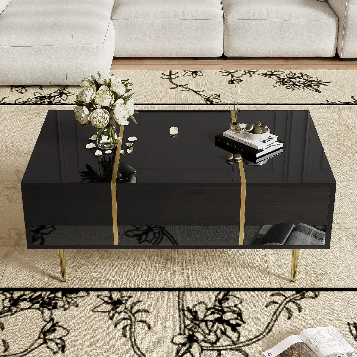 Meilleurs prix pour Table basse noire brillante 100x60 cm avec 2 tiroirs et détails dorés