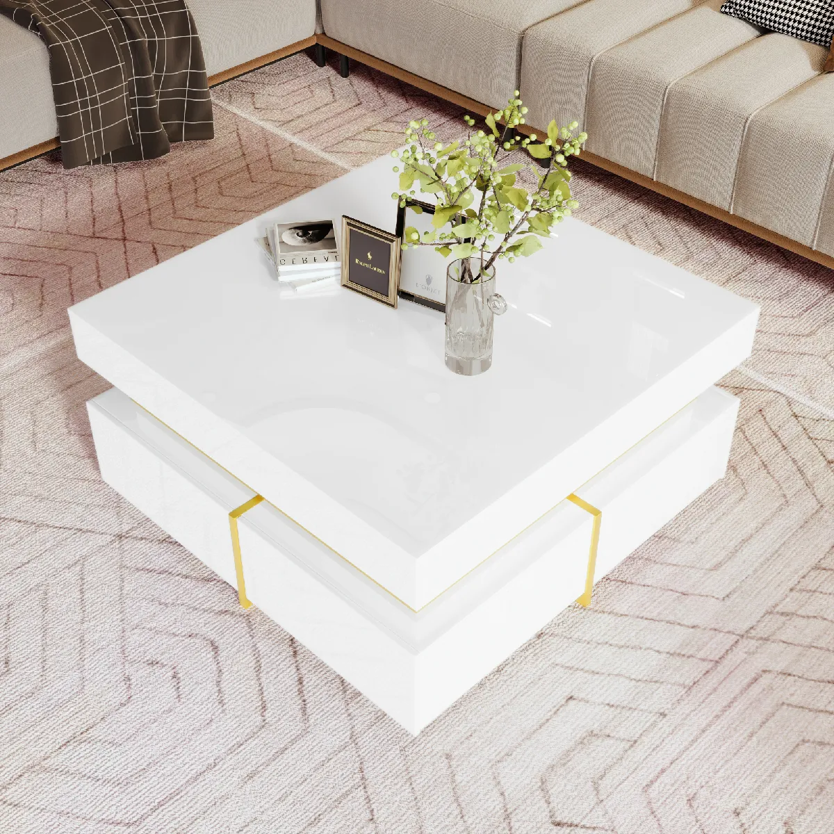 Comparer les prix de Table basse blanche brillante 70x70 cm avec 2 tiroirs et détails dorés