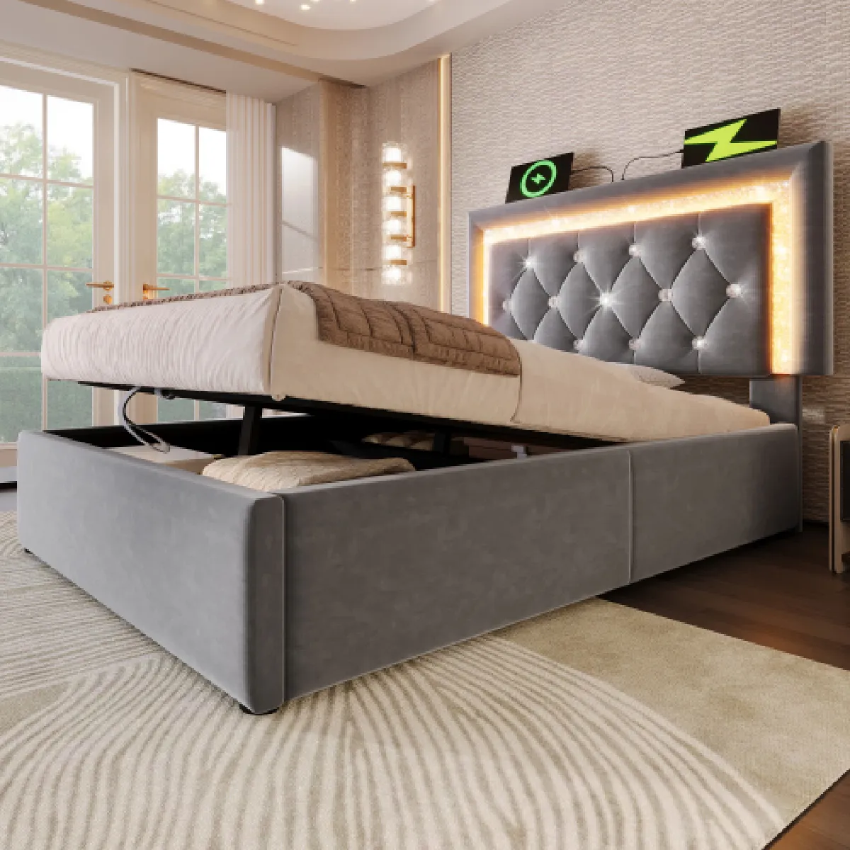 Lit Simple 90x200 Cm led charge USB Et Type c Rangement Hydraulique en Velours - vue 2