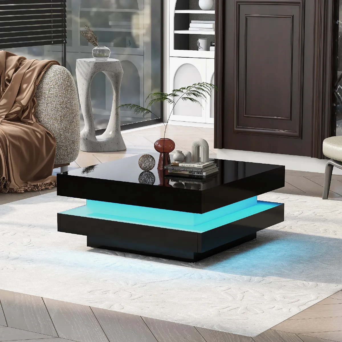 Meilleurs prix pour Table basse carrée led noire brillante 70x70x36 cm avec éclairage bluetooth