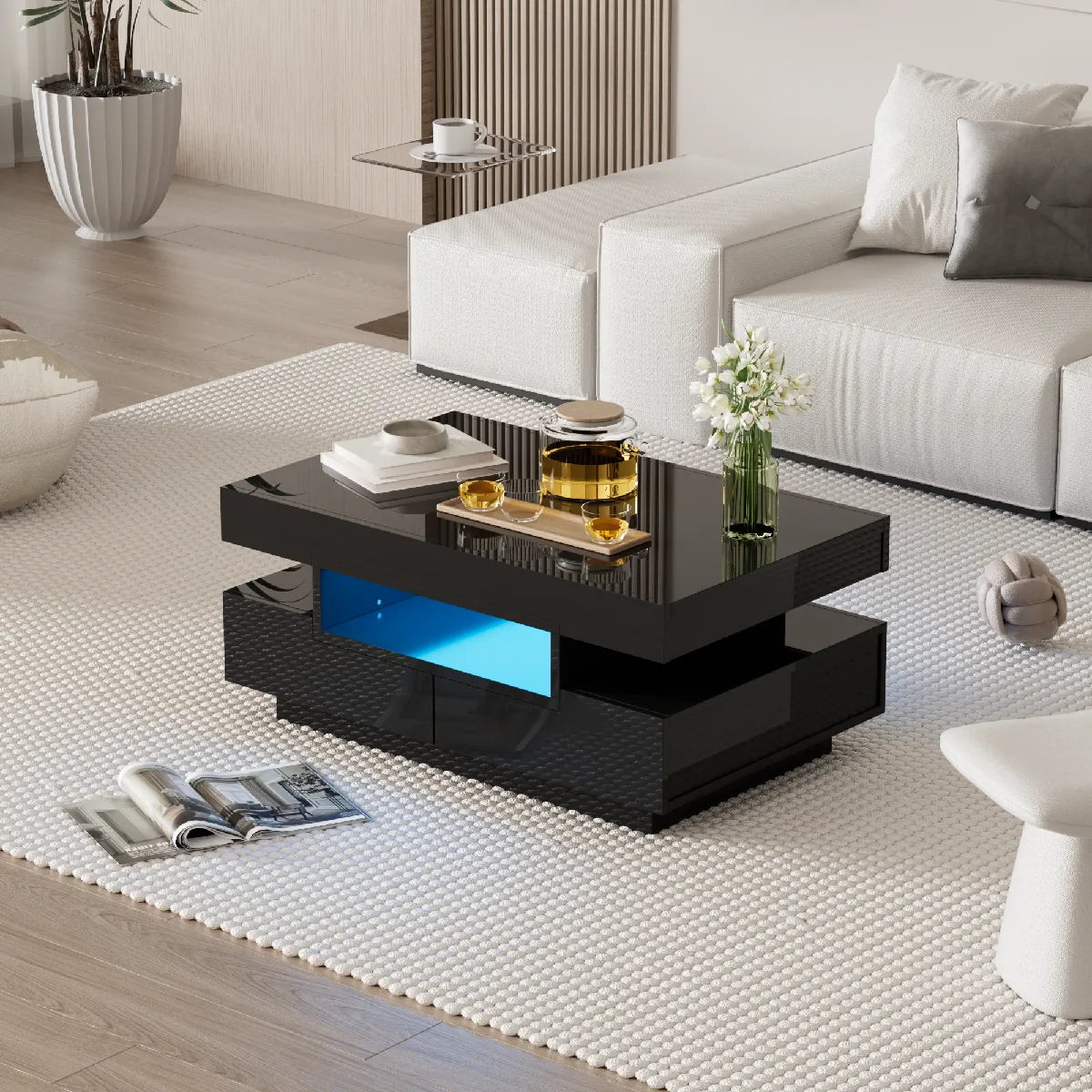 Table basse led noire brillante 80x50x36 cm avec 4 tiroirs et 3 niches