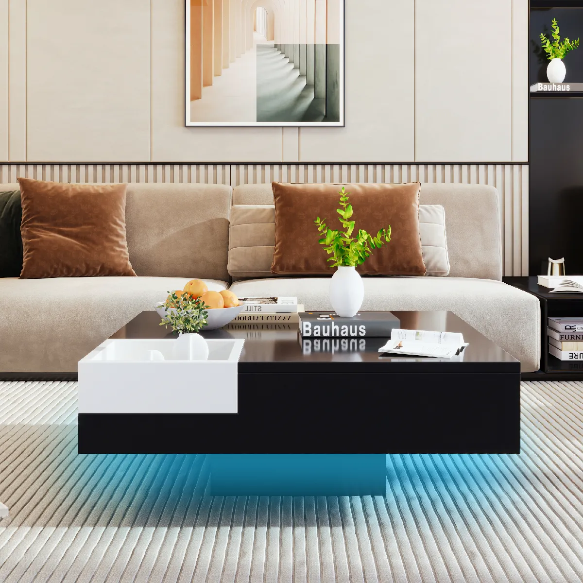 Comparer les prix de Table basse led 72x72x30 cm, avec boîte de rangement amovible, blanc et noir brillant