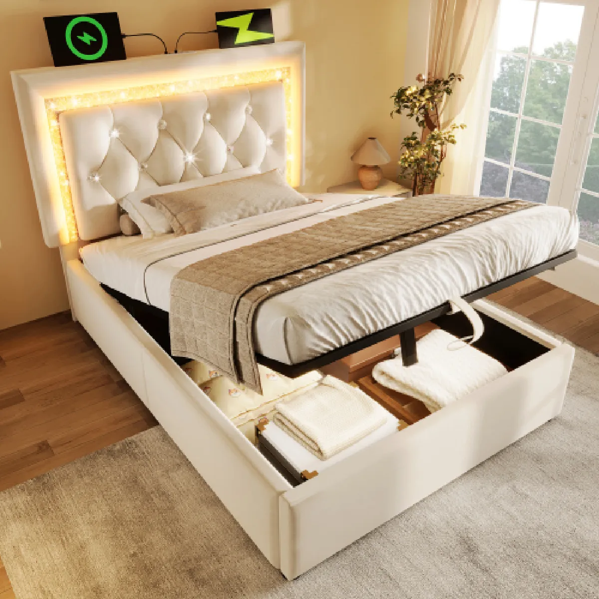 Lit Simple 90x200 Cm led charge USB Et Type c Rangement Hydraulique en Velours