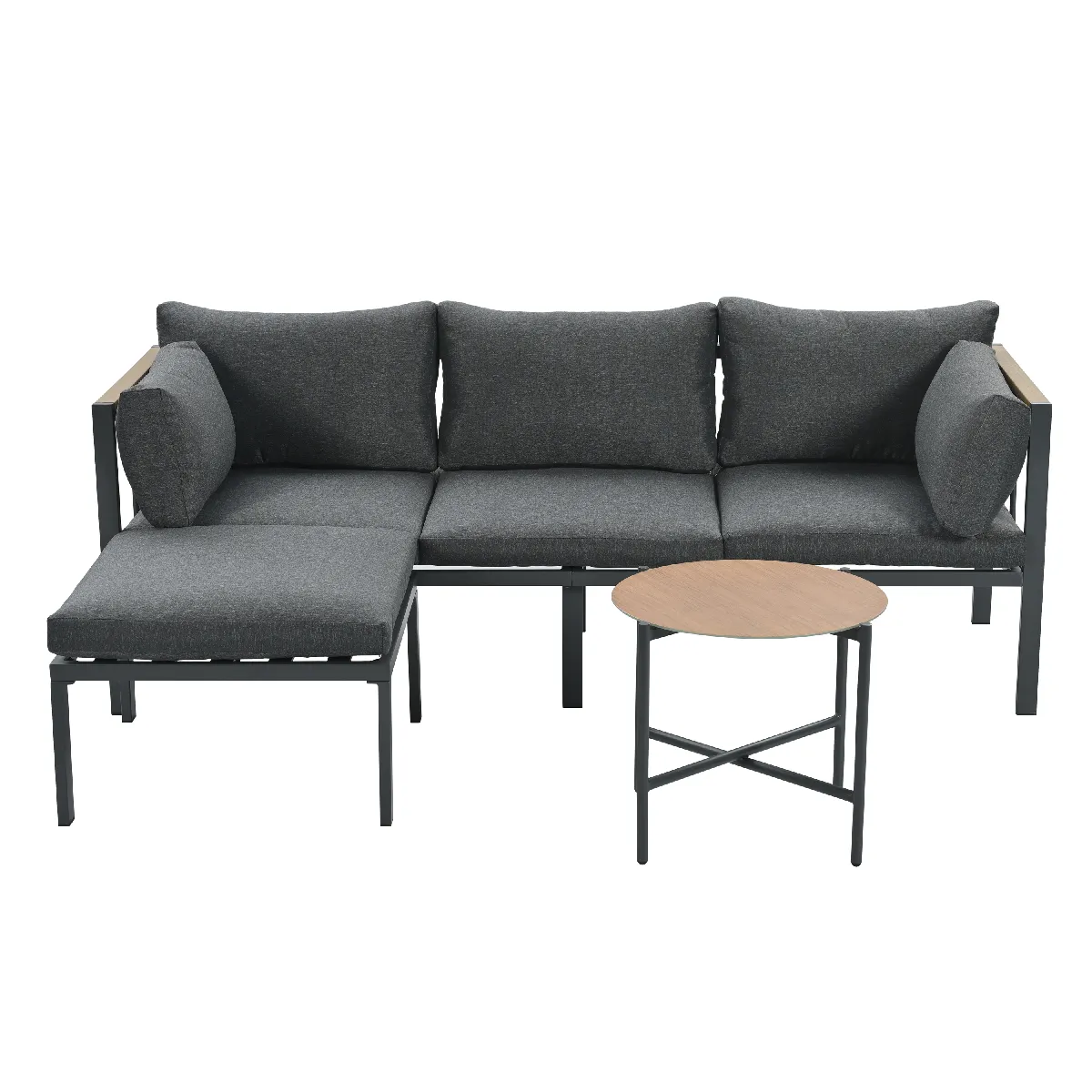 Ensemble de jardin – Canapé d'angle + table basse + repose-pieds – Plateau verre – Gris