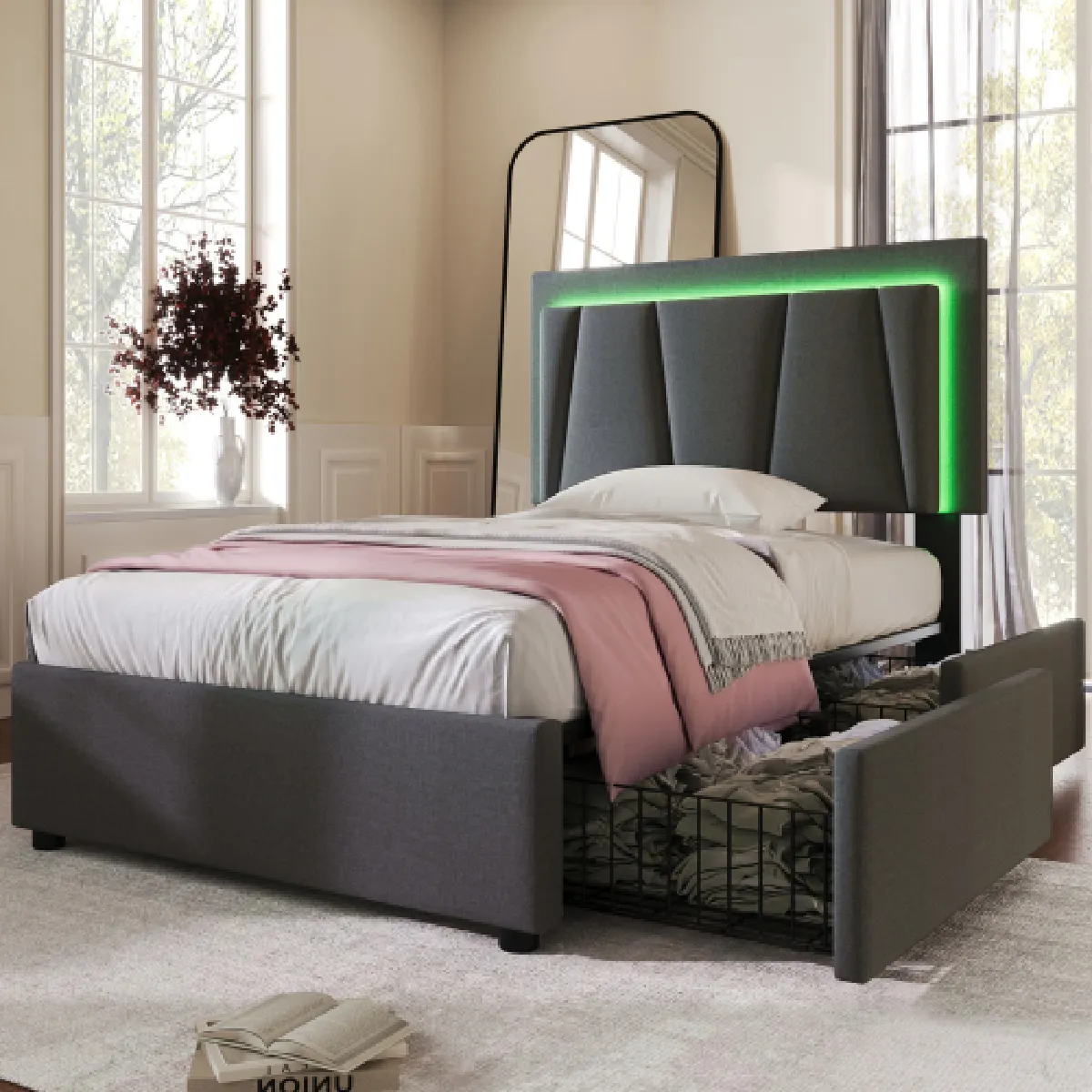 Lit Rembourré Avec Éclairage LED Et 2 Tiroirs lit Simple 90x200cm en Bois