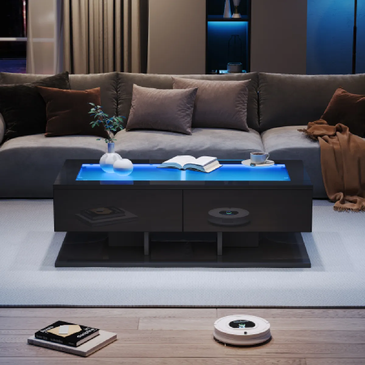 Comparer les prix de Table Basse LED-table D'appoint Laquée Brillante-table De Salon-plateau En Verre-noir