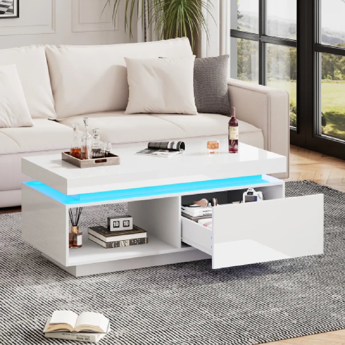 Comparer les prix de Table Basse -laquée Brillante Avec Éclairage LED-table Élégante Avec Tiroir-blanc