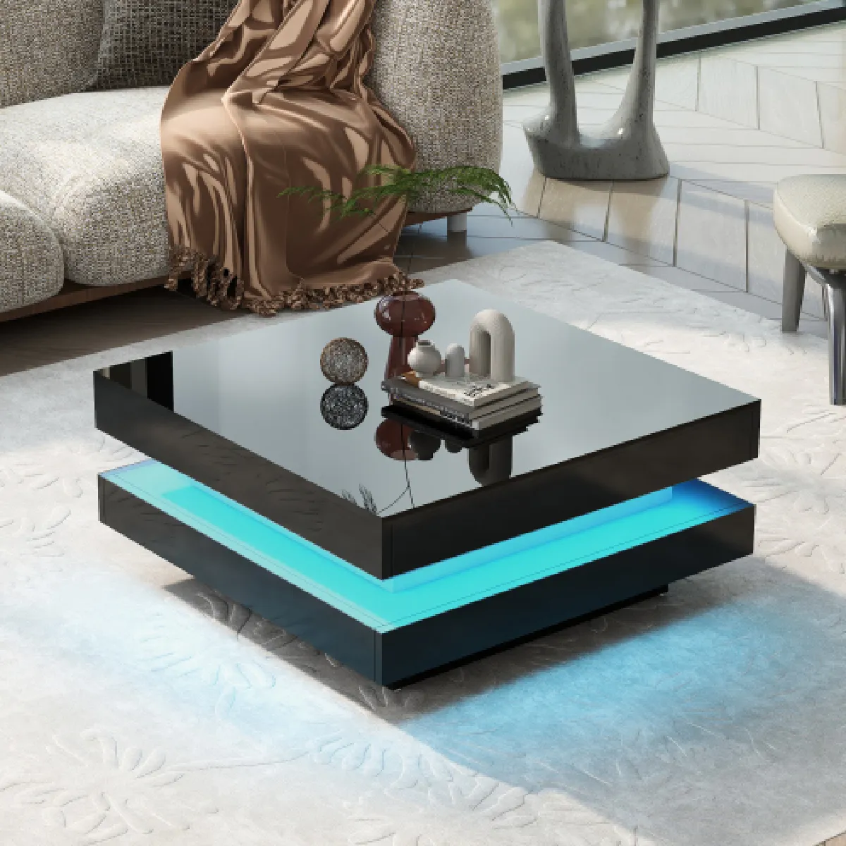 Meilleurs prix pour Table Basse Carréee 70x70x36cm-Avec Éclairage LED 16 Couleurs-noir