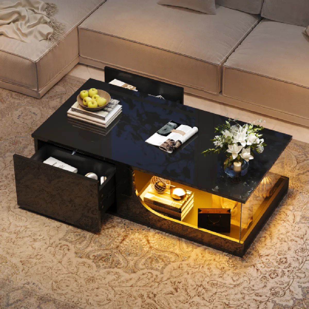 Comparer les prix de Table Basse Brillante Avec 2 Tiroirs-table De Salon Avec LED-en Verre Trempé-noire