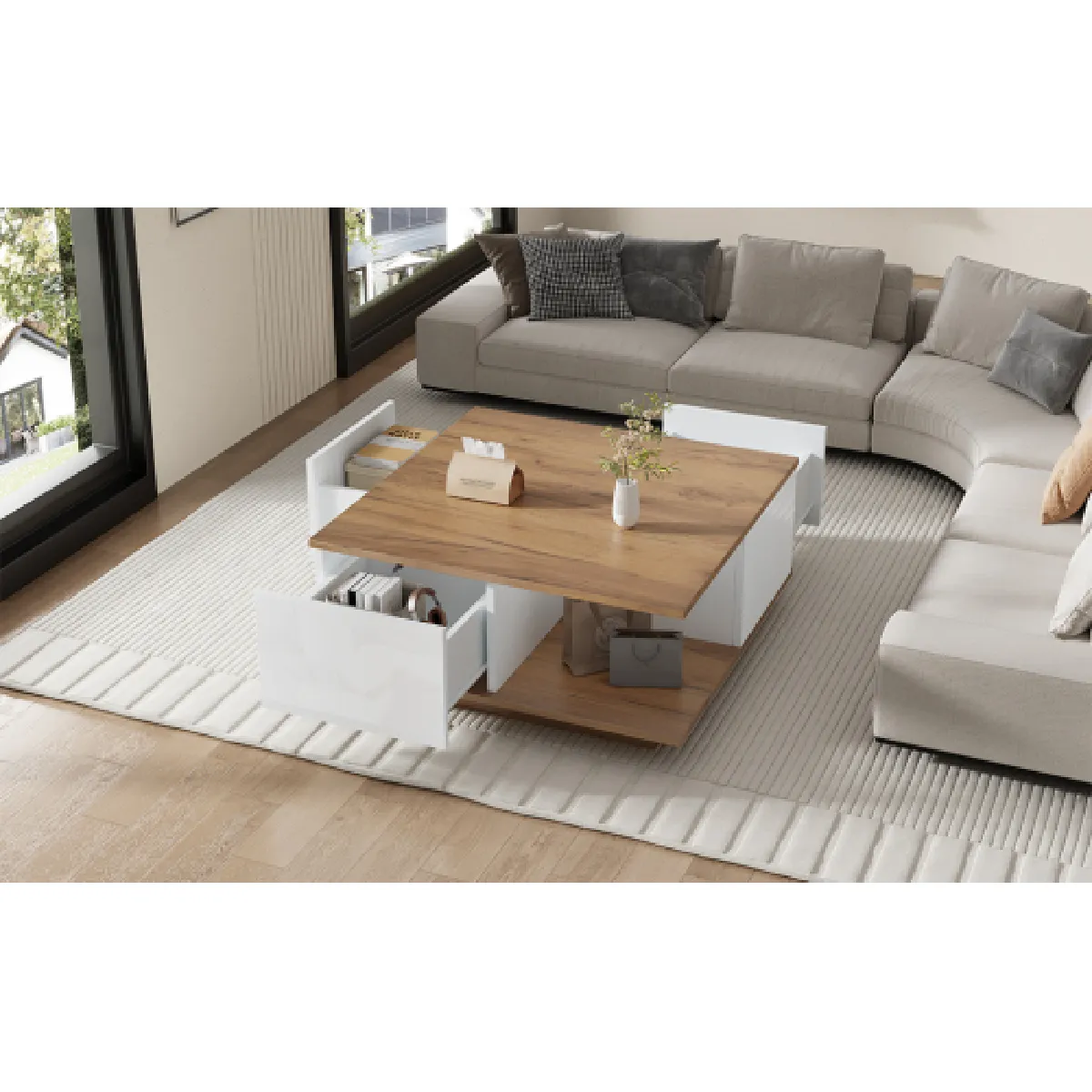 Meilleurs prix pour Table Basse Carréee 70cm-3 Tiroirs à Fermeture Douce-30kg-gain De Place Salon-blanc