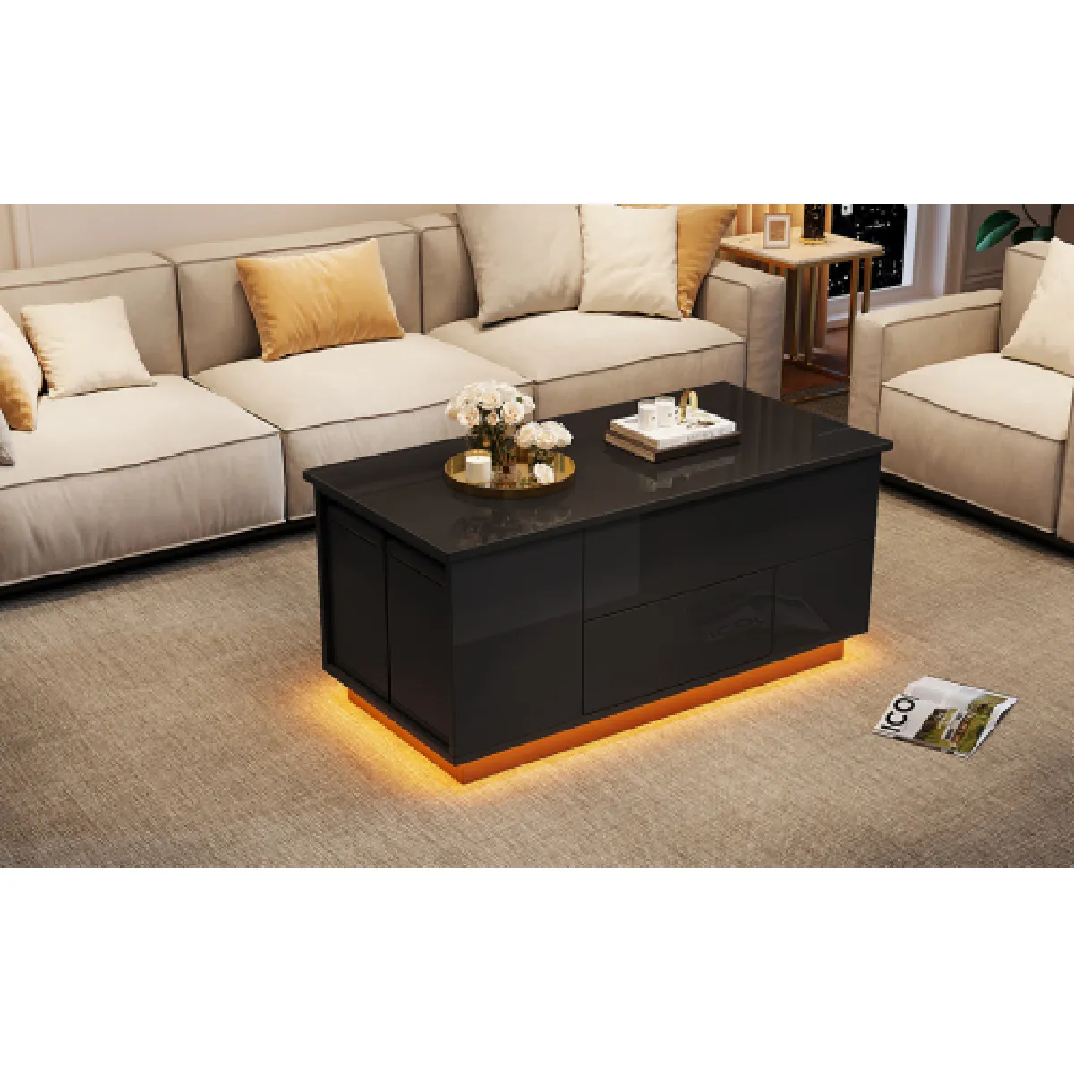 Comparer les prix de Table Basse LED 4 En 1-avec 2 Tiroirs-brillance Avec Canapé Et 2 Tabourets-blanc