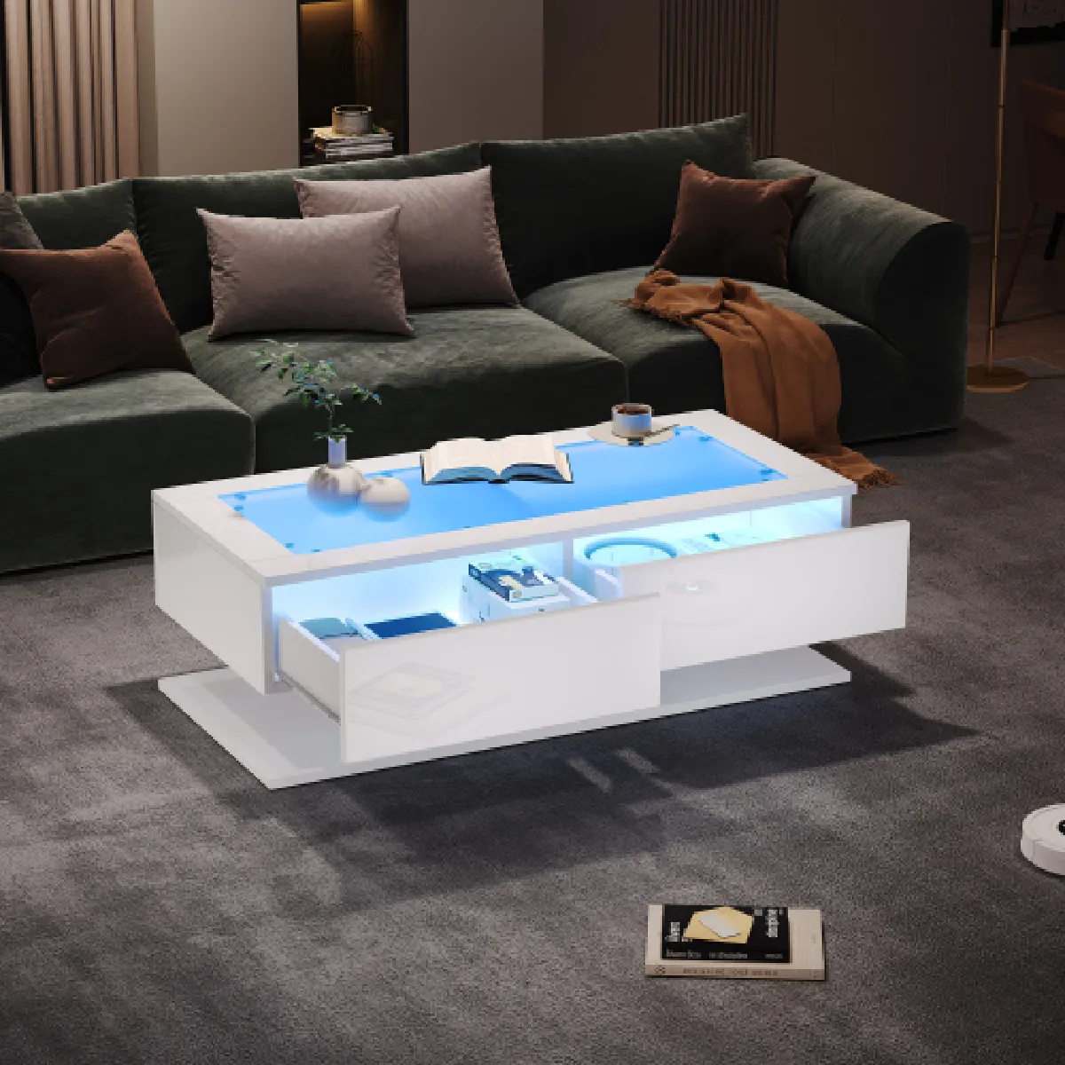 Table Basse LED table D'appoint Laquée Brillante table De Salon plateau En Verre