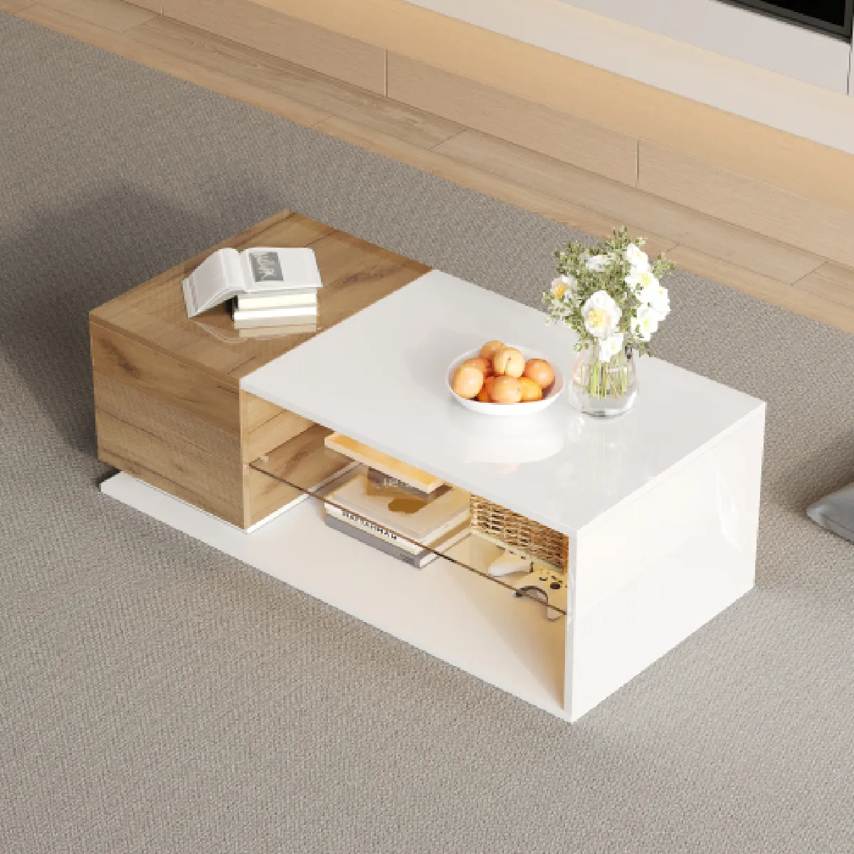 Comparer les prix de Table Basse LED 105x50x36cm-table De Salon Laquée Brillante-avec Espace De Rangement-blanc