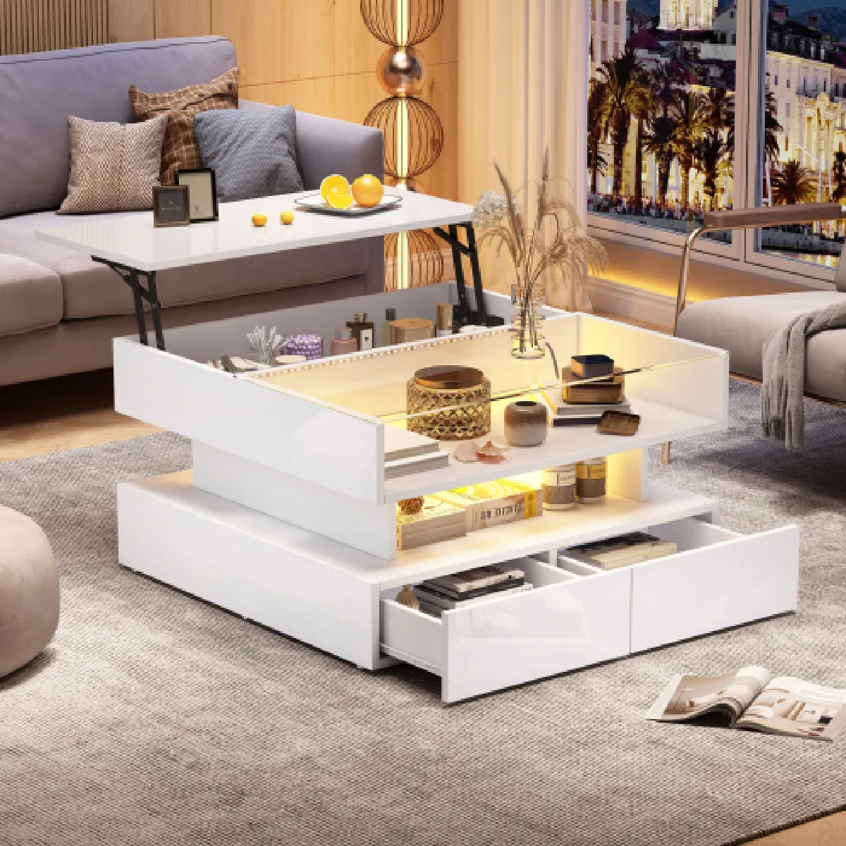 Meilleurs prix pour Table Basse Réglable En Hauteur-table De Salon LED-en Verre Trempé Brillant-blanc