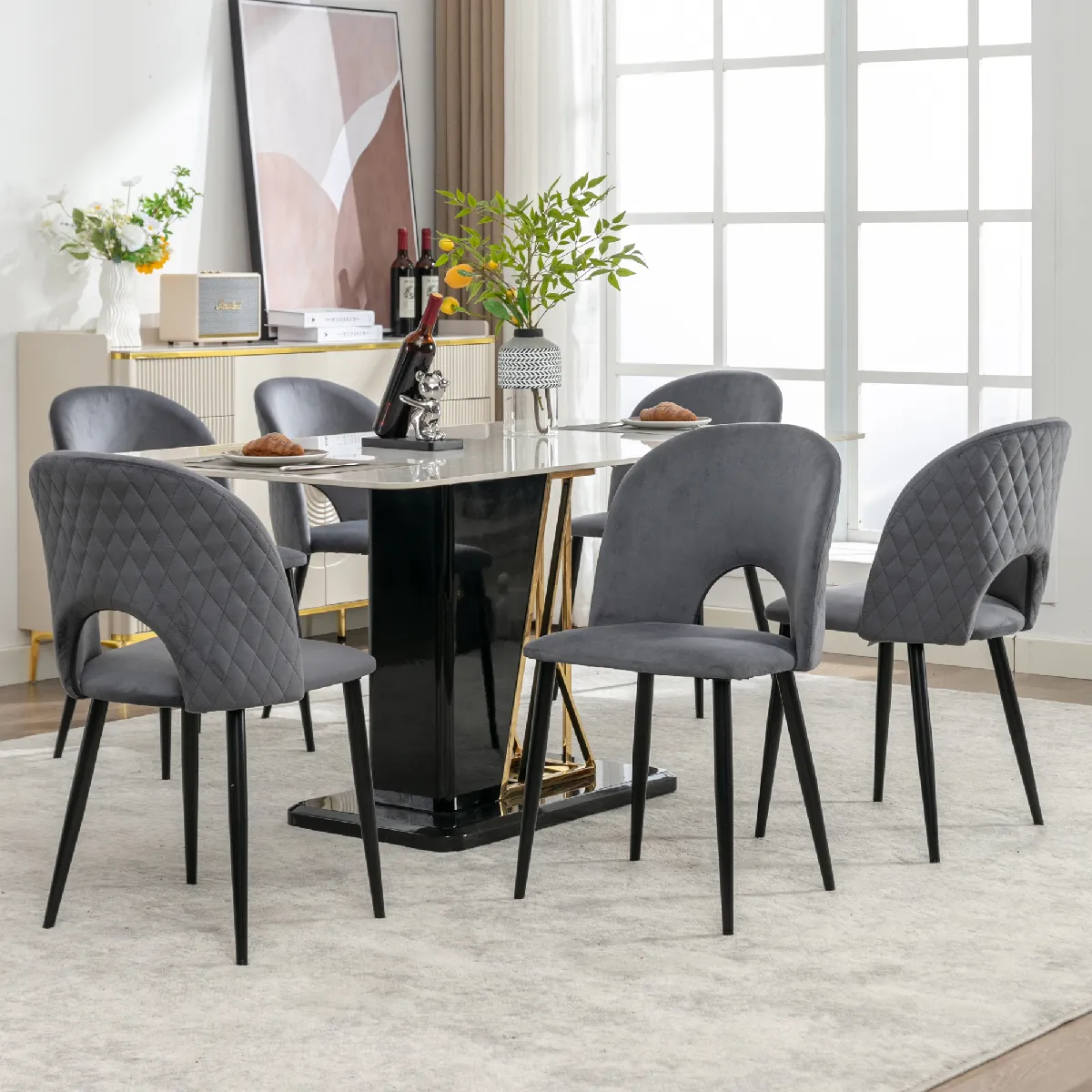 Lot de 6 chaises de salle à manger rembourrées en velours avec dossier gris