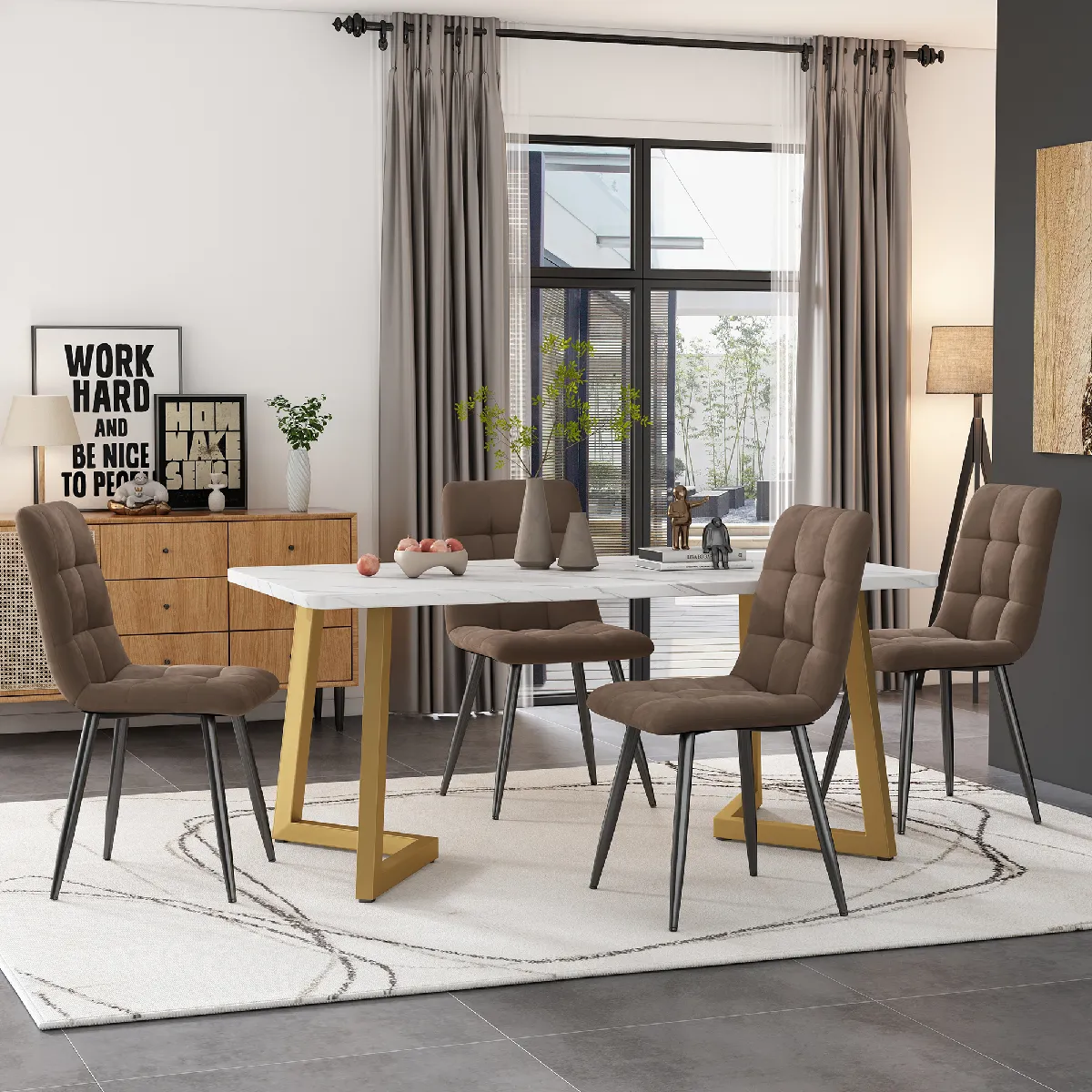 Ensemble table et 4 chaises de salle à manger, rectangulaire, effet marbre, marron